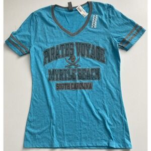 Myrtle Beach T-Shirt Women Small Blue Brand New Pirates Voyage V-Neck Graphic